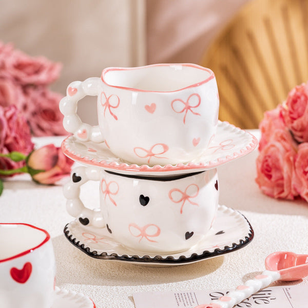 Hand Painted Ceramic Coffee Mug And Saucer Set Whimsical Afternoon Tea Cup With Spoon Blue Sky White Clouds Cups & Saucers