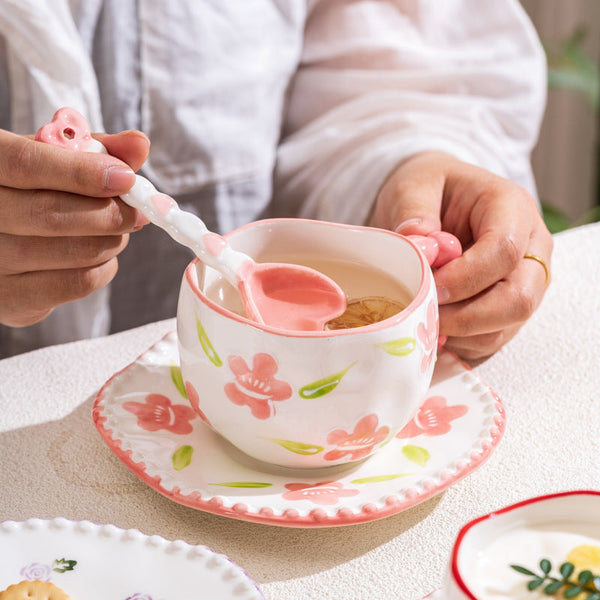 Hand Painted Ceramic Coffee Mug And Saucer Set Whimsical Afternoon Tea Cup With Spoon(White Cloud Green) Cups & Saucers