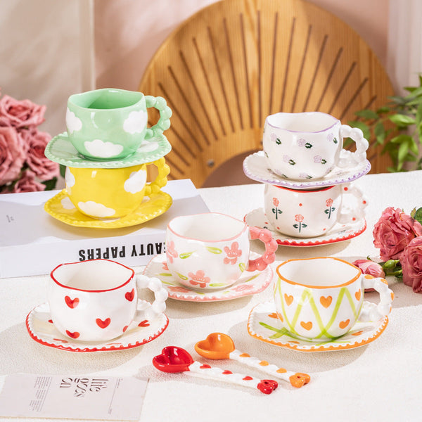 Hand Painted Ceramic Coffee Mug And Saucer Set Whimsical Afternoon Tea Cup With Spoon White Cloud Yellow Cups & Saucers