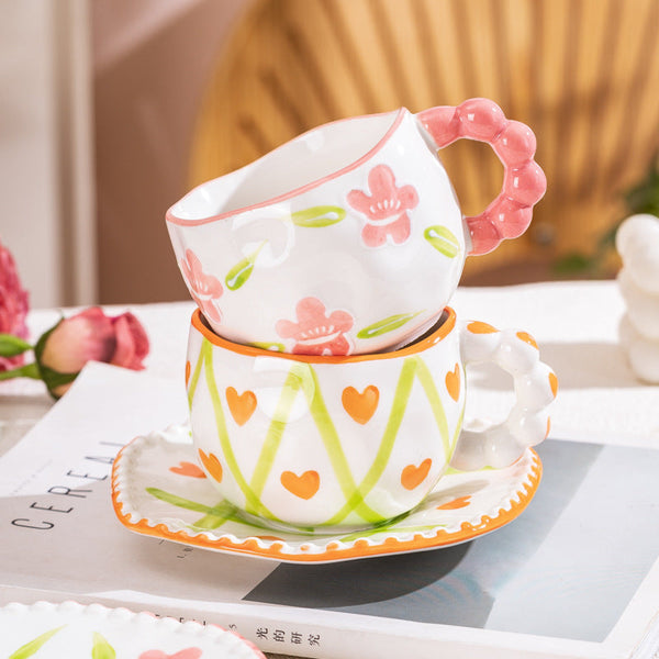 Hand Painted Ceramic Coffee Mug And Saucer Set Whimsical Afternoon Tea Cup With Spoon(Smiley Pink Flower) Cups & Saucers