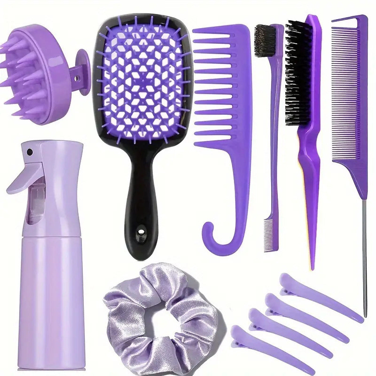 Complete Hair Styling Kit With Detangling Brushes Combs Spray Bottle And Accessories(Purple) Dog Grooming