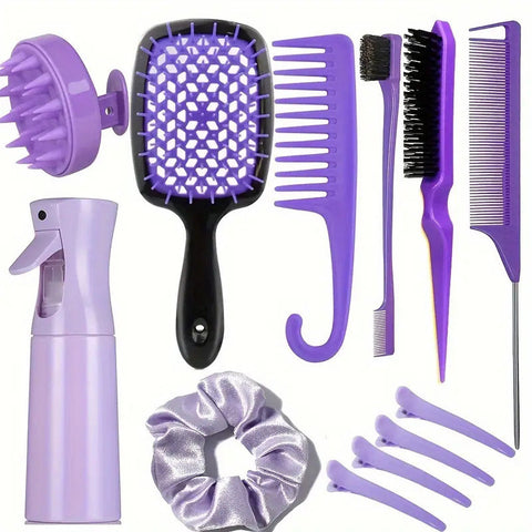 Complete Hair Styling Kit With Detangling Brushes Combs Spray Bottle And Accessories(Purple) Dog Grooming