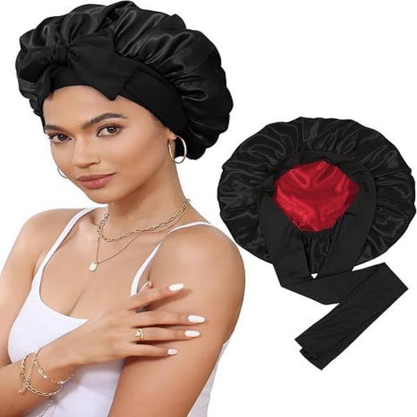 Luxury Double Sided Satin Bonnet With Elastic Band(Black + Bright Red Lining) Hats & Headwear