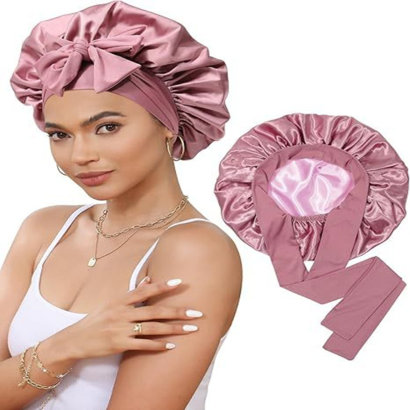 Luxury Double Sided Satin Bonnet With Elastic Band(Leather Red + Pink Lining) Hats & Headwear