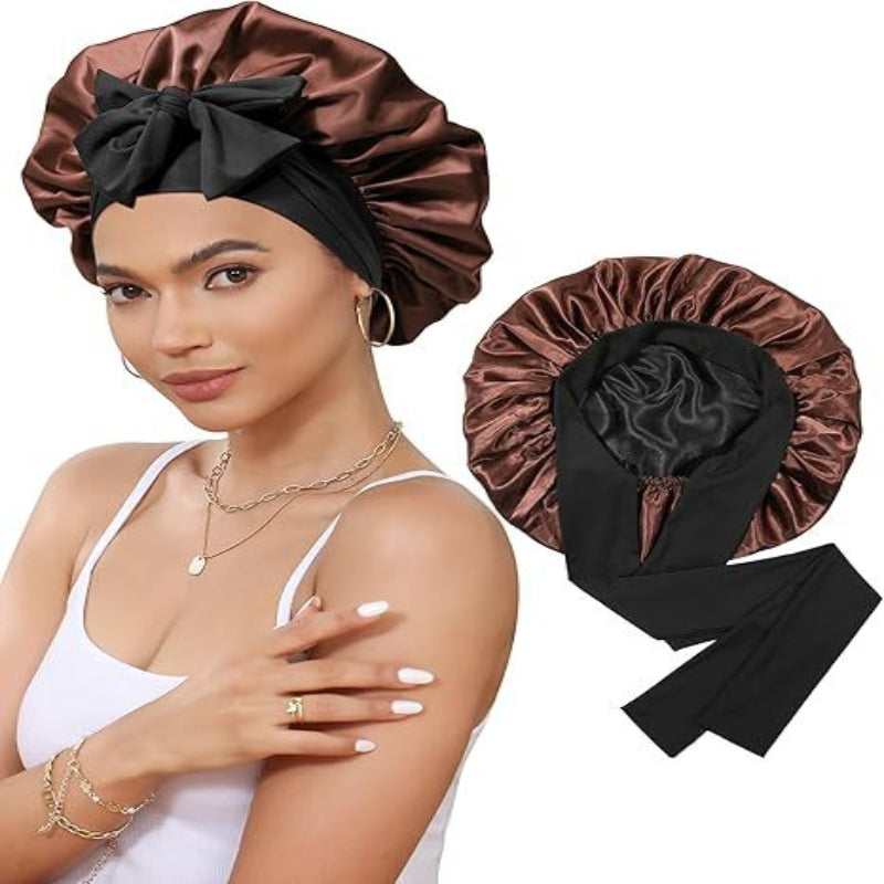 Luxury Double Sided Satin Bonnet With Elastic Band(Black + Brown Lining) Hats & Headwear