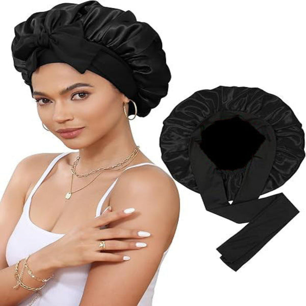 Luxury Double Sided Satin Bonnet With Elastic Band(Black + Lining) Hats & Headwear