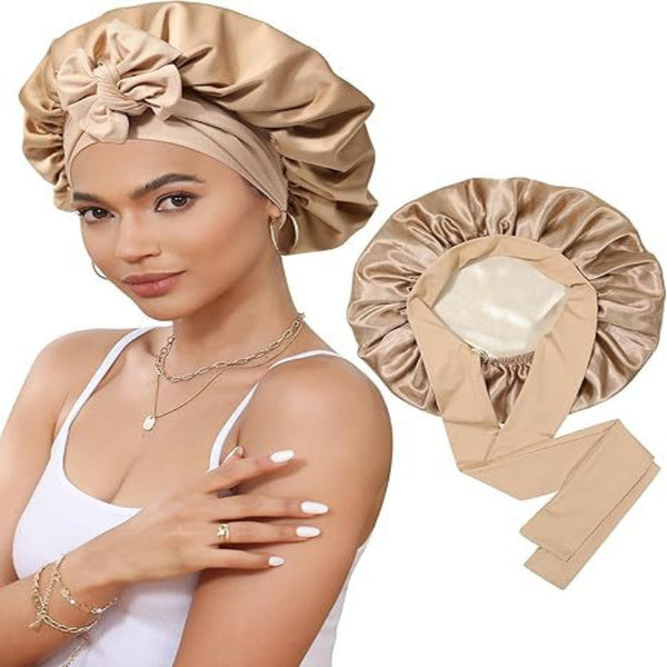Luxury Double Sided Satin Bonnet With Elastic Band(Khaki + Beige Lining) Hats & Headwear