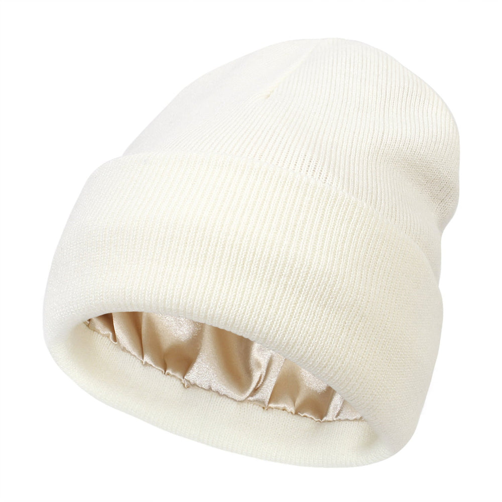 Premium Warm Beanie With Silk Satin Lining (White) Beanies
