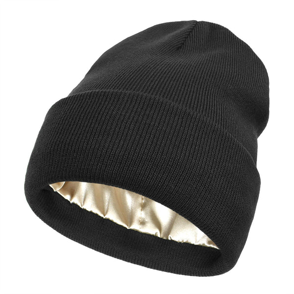 Premium Warm Beanie With Silk Satin Lining (Black) Beanies