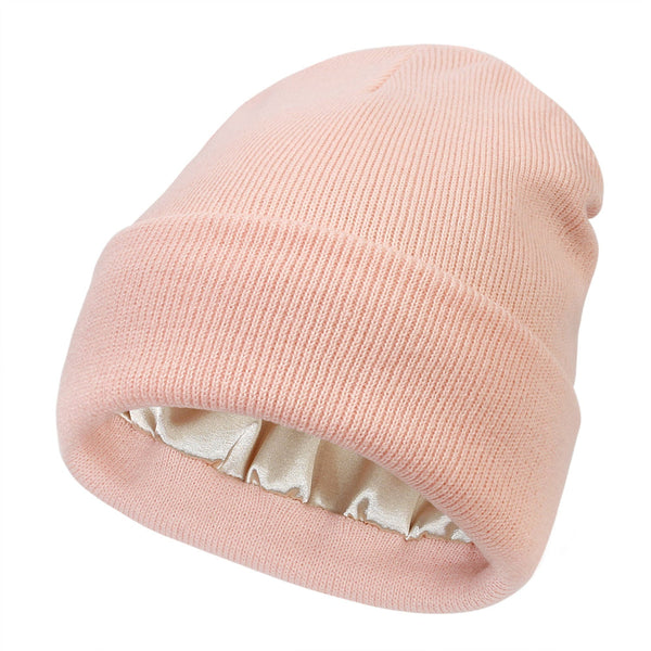Premium Warm Beanie With Silk Satin Lining (Pink) Beanies