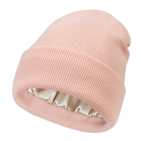 Premium Warm Beanie With Silk Satin Lining (Pink) Beanies