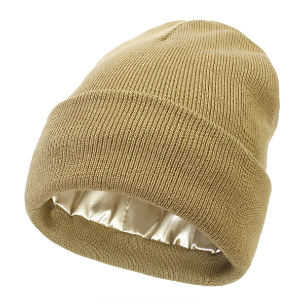Premium Warm Beanie With Silk Satin Lining (Khaki) Beanies