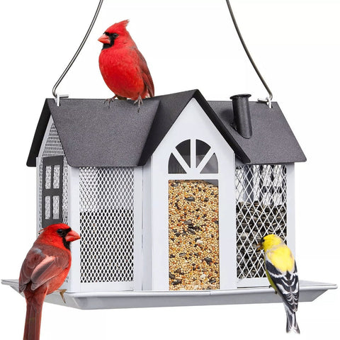 Charming House Shaped Hanging Bird Feeder Durable Metal Design For Wild Birds(White) Feeders