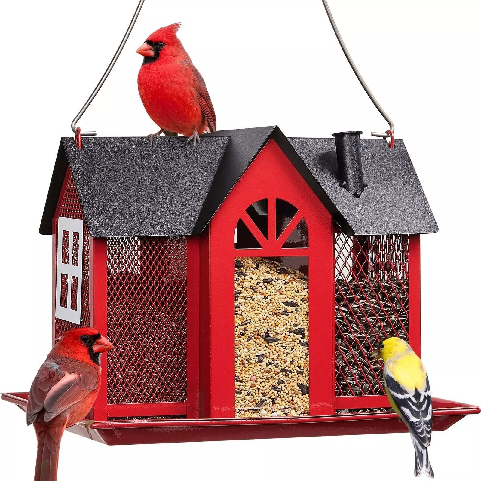 Charming House Shaped Hanging Bird Feeder Durable Metal Design For Wild Birds(Red) Feeders