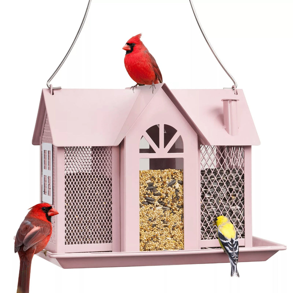 Charming House Shaped Hanging Bird Feeder Durable Metal Design For Wild Birds(Pink) Feeders