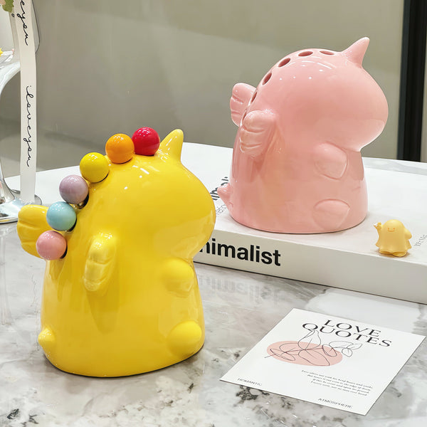 Adorable Ceramic Fruit Fork Holder Set Includes Stainless Steel With Ball Tops(Pink) Forks