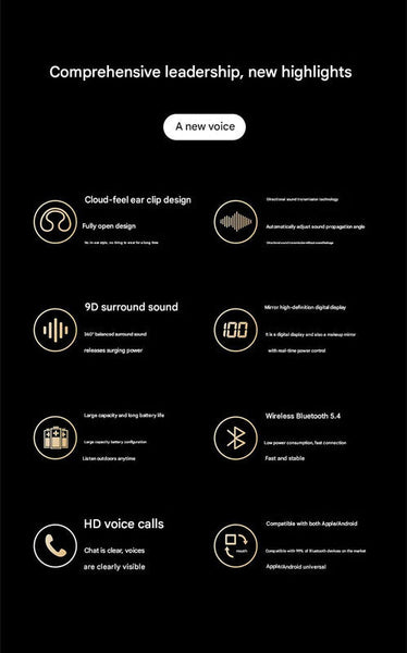 Open Ear Conduction Tws Bluetooth 5.4 9D Surround Sound Led Display Long Battery Life Black Earbuds