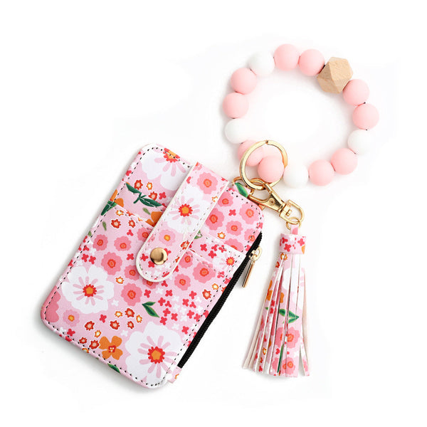 Floral Slim Card Holder Wallet With Beaded Keychain Bracelet & Tassel 4 Slots Id Window(Light Pink) Wallets