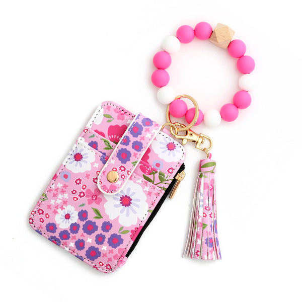Floral Slim Card Holder Wallet With Beaded Keychain Bracelet & Tassel 4 Card Slots Id Window(Rose Red) Wallets