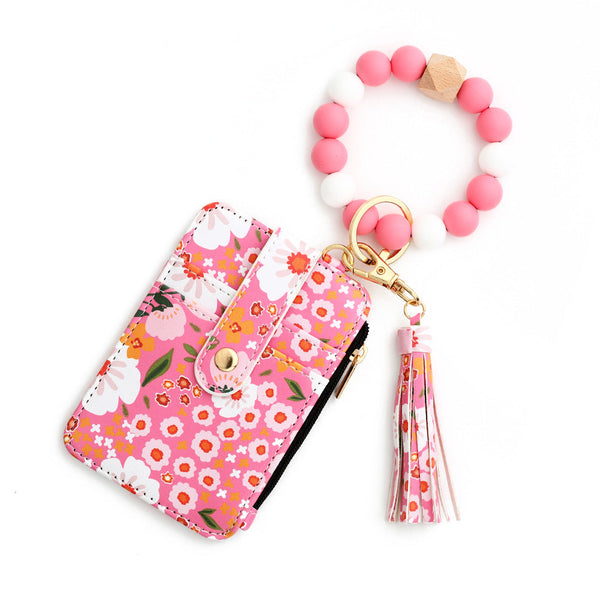 Floral Slim Card Holder Wallet With Beaded Keychain Bracelet & Tassel 4 Slots Id Window(Dark Pink) Wallets