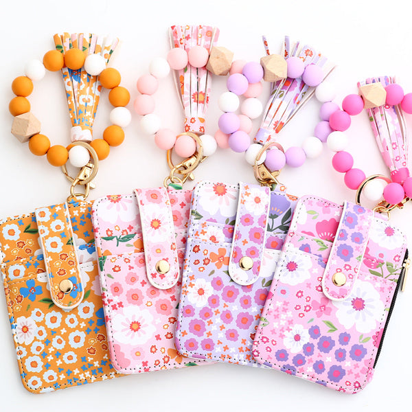 Floral Slim Card Holder Wallet With Beaded Keychain Bracelet & Tassel 4 Slots Id Window(Dark Pink) Wallets