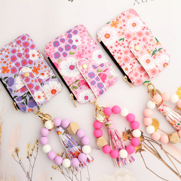 Floral Slim Card Holder Wallet With Beaded Keychain Bracelet & Tassel 4 Slots Id Window(Dark Pink) Wallets