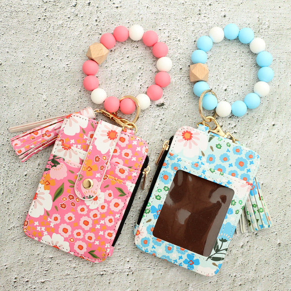 Floral Slim Card Holder Wallet With Beaded Keychain Bracelet & Tassel 4 Slots Id Window(Dark Pink) Wallets