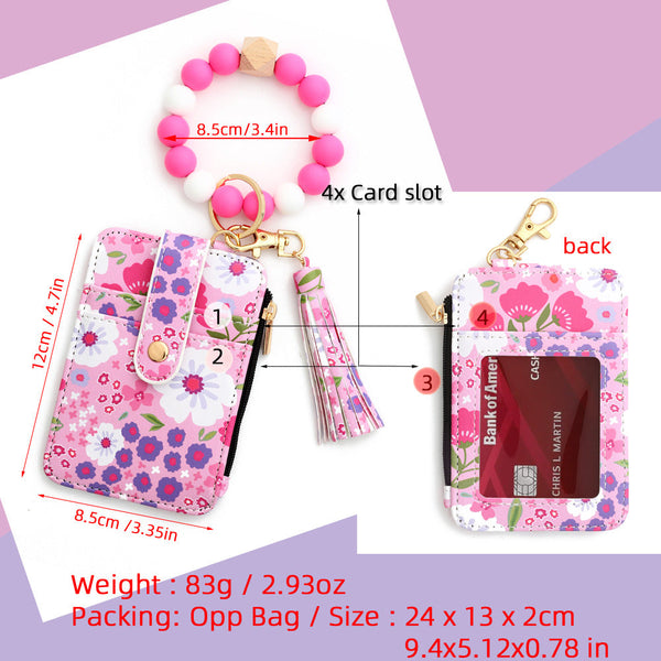 Floral Slim Card Holder Wallet With Beaded Keychain Bracelet & Tassel 4 Slots Id Window(Dark Pink) Wallets