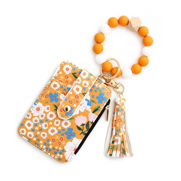 Floral Slim Card Holder Wallet With Beaded Keychain Bracelet & Tassel 4 Card Slots Id Window(Yellow) Wallets