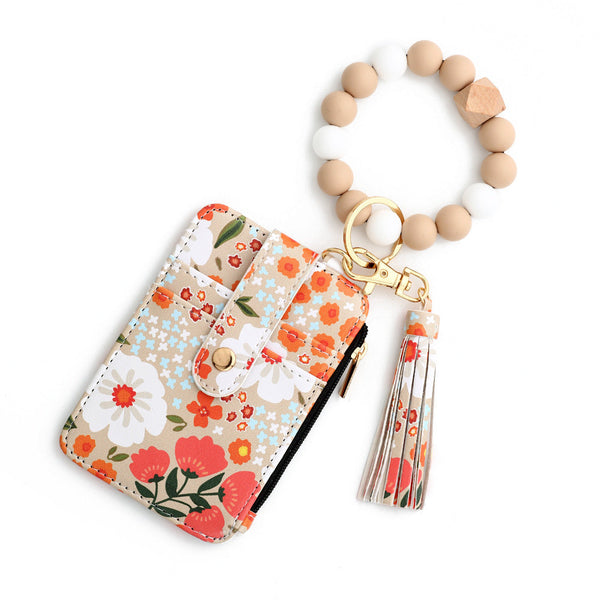 Floral Slim Card Holder Wallet With Beaded Keychain Bracelet & Tassel 4 Card Slots Id Window(Khaki) Wallets