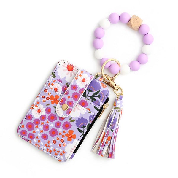 Floral Slim Card Holder Wallet With Beaded Keychain Bracelet & Tassel 4 Card Slots Id Window(Light Purple) Wallets
