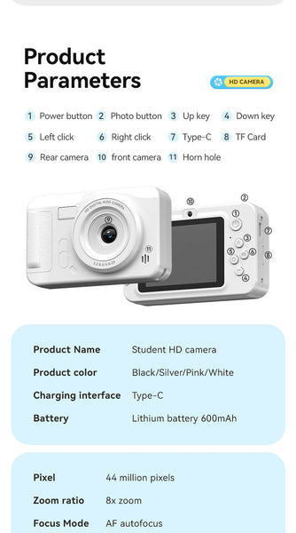 Student Hd Digital Camera 44Mp 8X Zoom Autofocus Dual Lens Type Charging (White) Digital Cameras