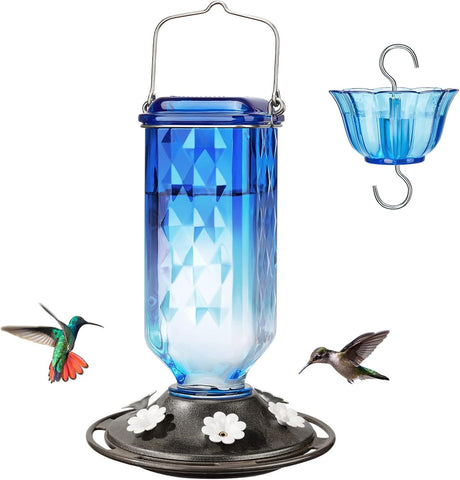 Elegant Hanging Hummingbird Feeder Decorative Glass Nectar Bottle With Ant Moat 6 Feeding Ports(Blue) Feeders