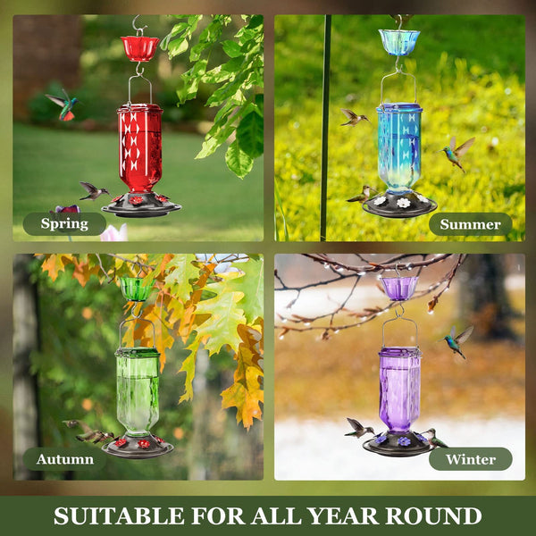 Elegant Hanging Hummingbird Feeder Decorative Glass Nectar Bottle With Ant Moat 6 Feeding Ports(Blue) Feeders