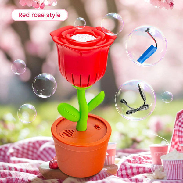Electric Flower Bubble Machine With Music Rechargeable 10 Hole Output (Red) Bubble Toys