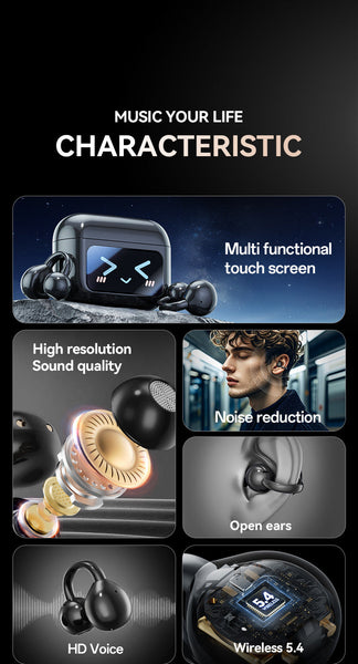 Smart Tws With Full Touch Screen Case Wireless 5.4 Open Noise Reduction Black Earbuds