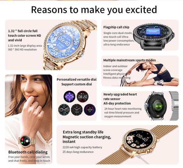Elegant Women's Smartwatchhd Touchscreen Bluetooth Calls Health Monitoring(Gold) Smart Watches