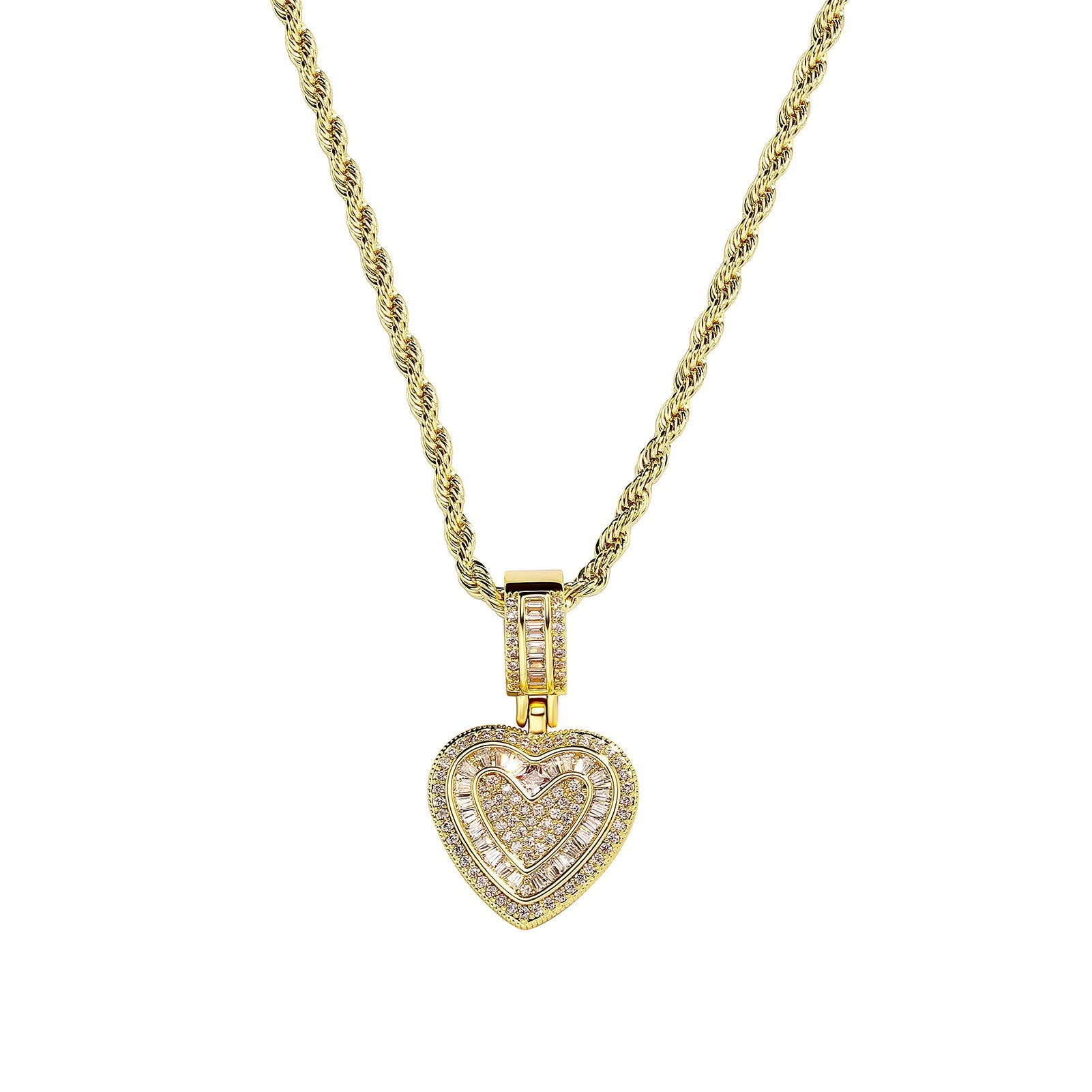 Iced Out Heart Pendant Necklace 5A+ Cz Stones 14K Gold Plated With Rope Chain Necklaces & Pendants