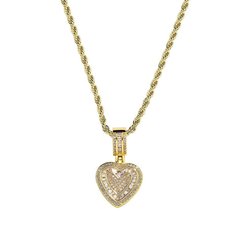 Iced Out Heart Pendant Necklace 5A+ Cz Stones 14K Gold Plated With Rope Chain Necklaces & Pendants