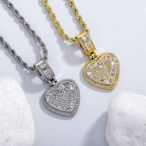 Iced Out Heart Pendant Necklace 5A+ Cz Stones 14K Gold Plated With Rope Chain Necklaces & Pendants