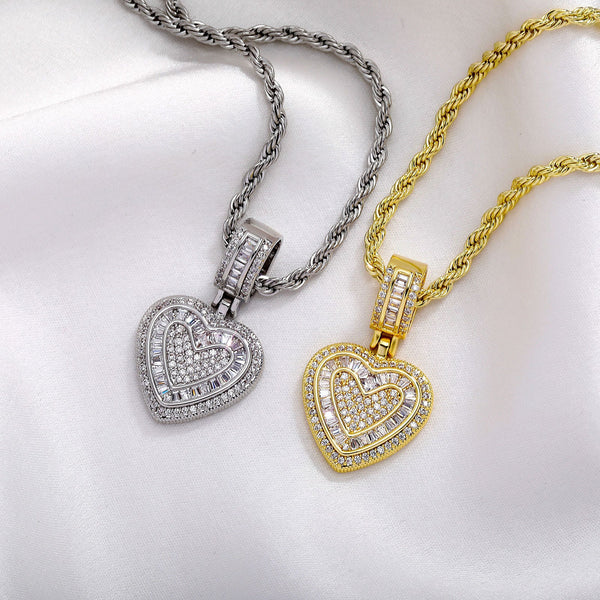 Iced Out Heart Pendant Necklace 5A+ Cz Stones 14K Gold Plated With Rope Chain Necklaces & Pendants