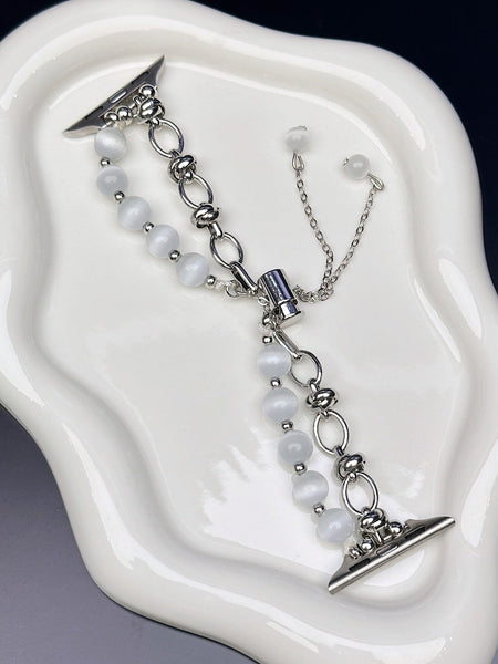 2 Pcs Silver Elegant Cat's Eye Beaded Bracelet Band For Apple Watch Women's Luxury Strap (Compatible Size :42/44/45Mm ) Wristwatch Bands