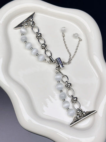 2 Pcs Silver Elegant Cat's Eye Beaded Bracelet Band For Apple Watch Women's Luxury Strap (Compatible Size :42/44/45Mm ) Wristwatch Bands