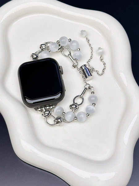 2 Pcs Silver Elegant Cat's Eye Beaded Bracelet Band For Apple Watch Women's Luxury Strap (Compatible Size :42/44/45Mm ) Wristwatch Bands