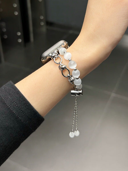2 Pcs Silver Elegant Cat's Eye Beaded Bracelet Band For Apple Watch Women's Luxury Strap (Compatible Size :42/44/45Mm ) Wristwatch Bands