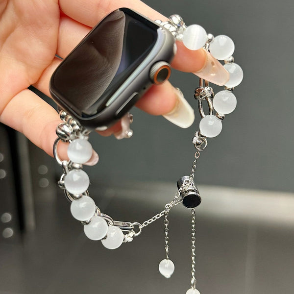 2 Pcs Silver Elegant Cat's Eye Beaded Bracelet Band For Apple Watch Women's Luxury Strap (Compatible Size :42/44/45Mm ) Wristwatch Bands