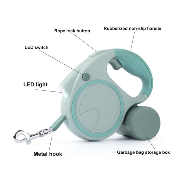 Green 3M Retractable Dog Leash Built In Led Light (No Batteries) And Bag Holder Leads & Head Collars