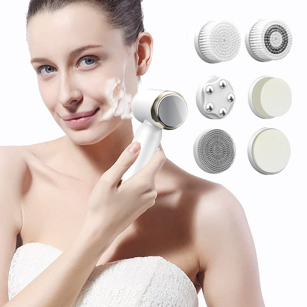 White 6 In 1 Electric Facial Cleansing Brush Set Rechargeable & Waterproof Facial Cleansing Devices