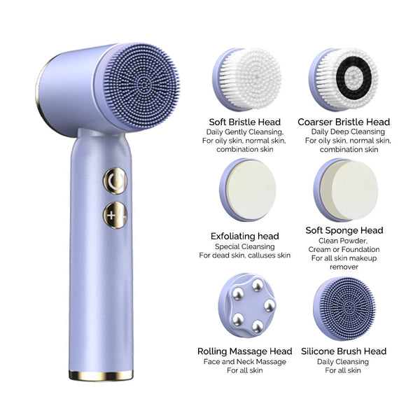 White 6 In 1 Electric Facial Cleansing Brush Set Rechargeable & Waterproof Facial Cleansing Devices