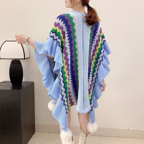 Womens Printed Knitted Cardigan Cape With Ruffled Sleeves Jumpers & Cardigans